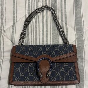 Gucci Blue and Brown Shoulder Bag with Chain Strap